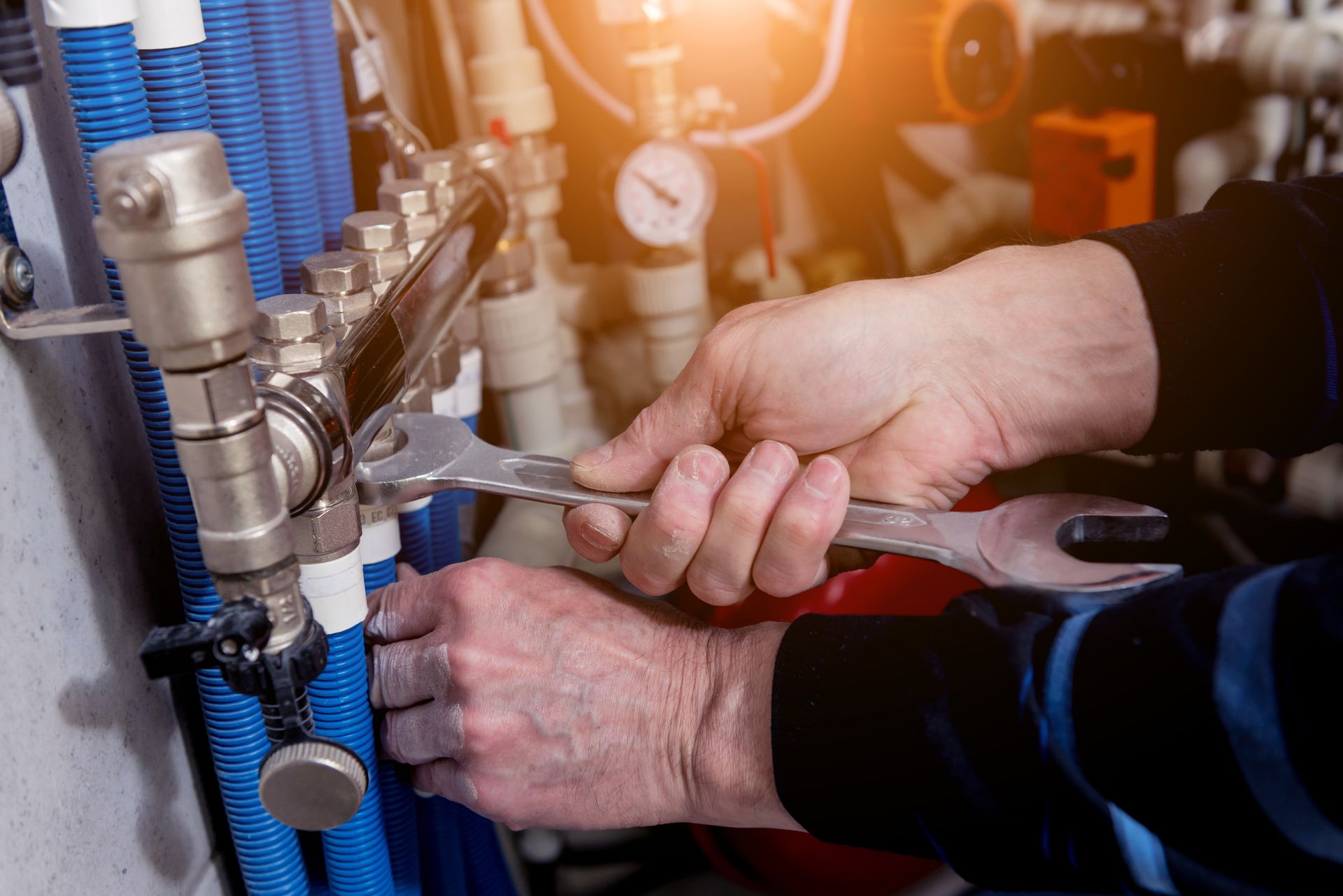 Hände eines Handwerkers, der mit einem Schraubenschlüssel an einer Rohrleitung arbeitet